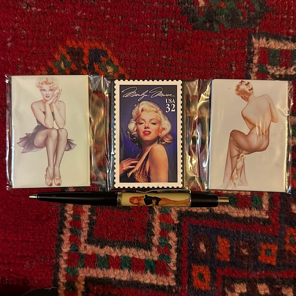 Vintage collectible 4pc pinup 2 Vargas 1 Marilyn Monroe magnets and peekaboo pen